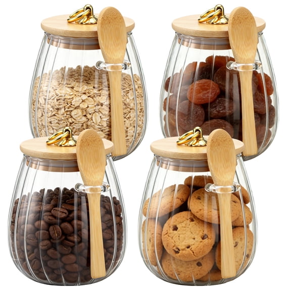 4 Pcs Glass Jars with Airtight Lids, 25 oz Small Round Coffee Tea Sugar Container, Clear Wide Mouth Storage Jars with Wood Spoons for Candy, Spice, Dry Food