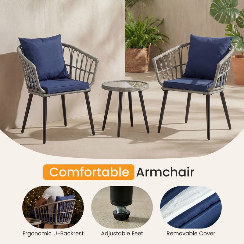 Gianna 3 Piece Outdoor Patio Furniture Set, Wicker Bistro Chairs with Glass Top Table for Apartment Balcony, Small Backyard, Porch and Deck, Gray