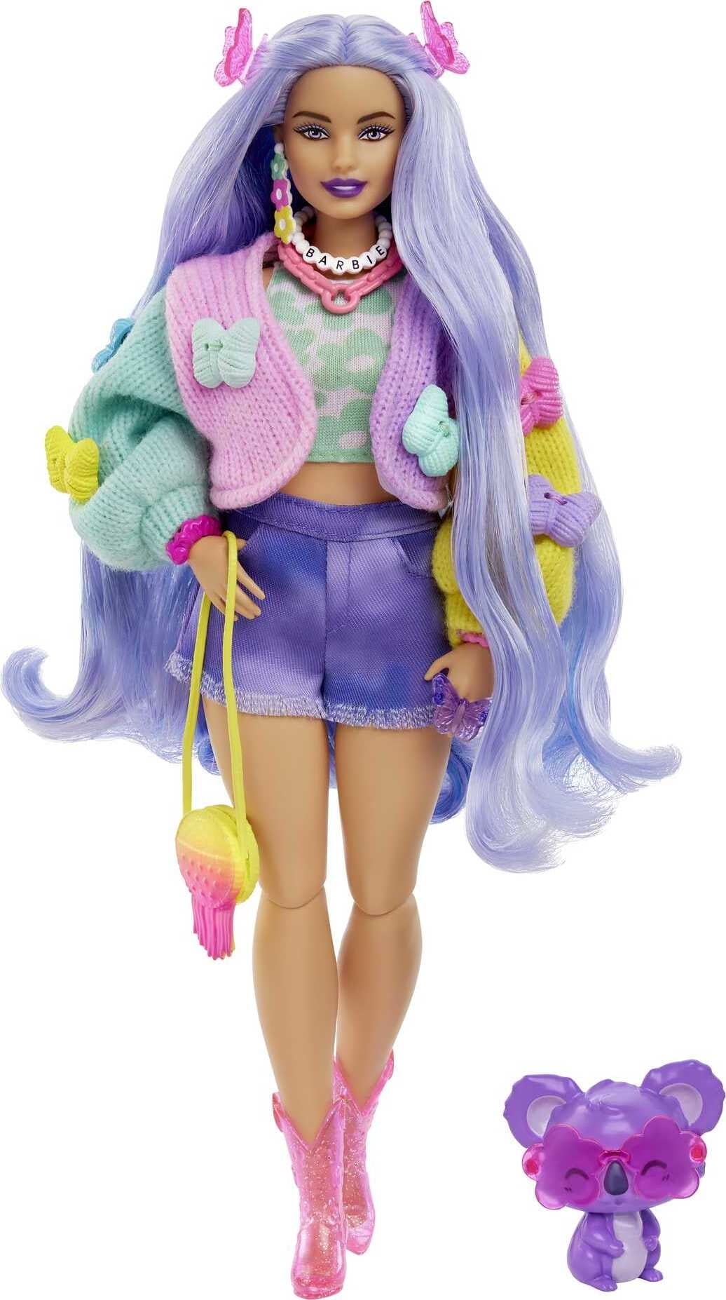 Barbie Extra Fashion Doll with Wavy Lavender Hair, Colorful Butterfly  Sweater, Accessories & Pet 