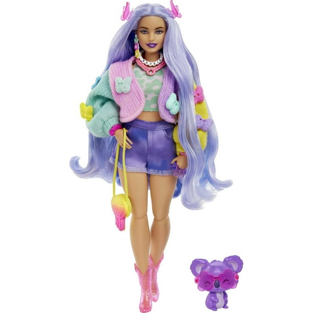 Barbie Extra Fashion Doll with Wavy Lavender Hair, Colorful Butterfly  Sweater, Accessories & Pet 