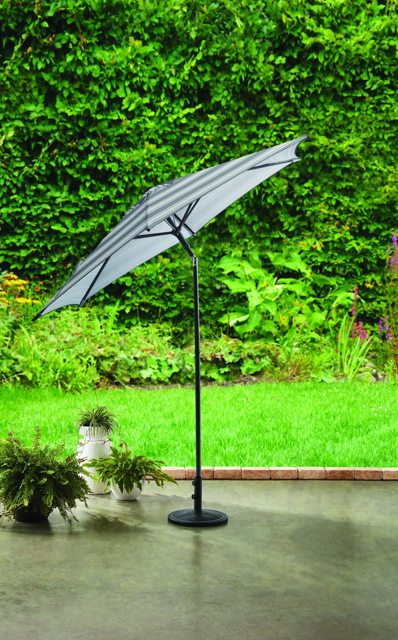Mainstays 7 5 Round Market Push Up Patio Umbrella Gray Stripe Walmart Com Walmart Com