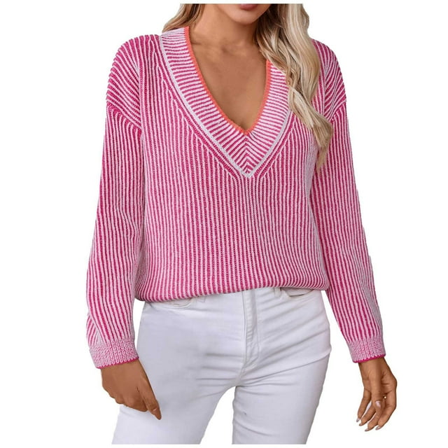 Chandail à Col en V Rayé pour Femmes Décontracté Ample Tricoté Doux Confortable Mode Hiver Chaud Vêtements d'Automne