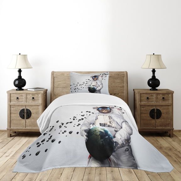 Ambesonne Space Cat Quilted Bedspread Set 2 Pcs, World Galaxy Clusters, Twin Size, White Black and Blue