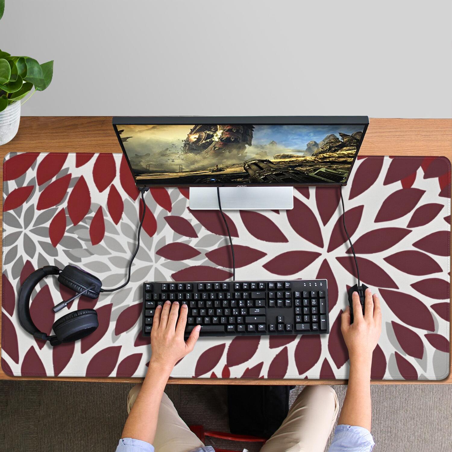 Long Mouse Pads for Desk,Red Floral and Petal Pattern Desk Mats on Top Of Desks, Desk Mouse Pad Extra Large with 3mm Non-Slip Base and Stitched Edge for Gaming,Office,Work,Home 47.3"x23.6"