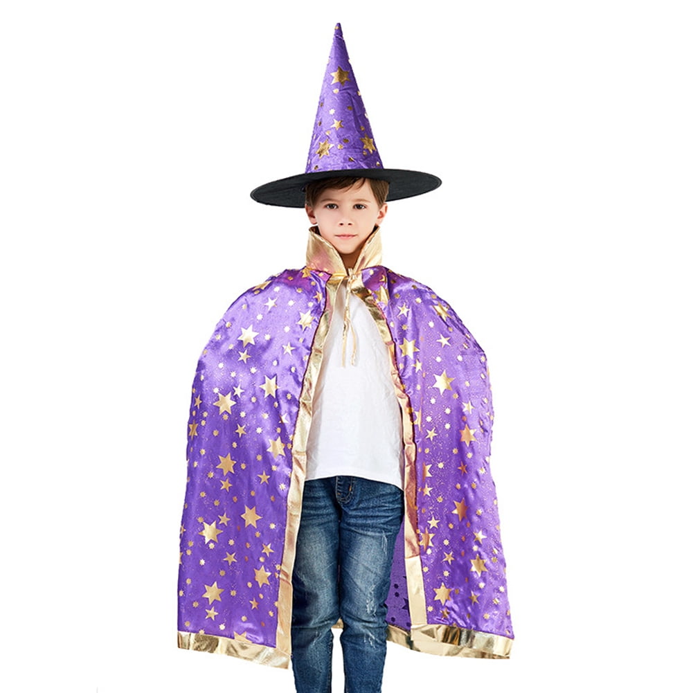 Hicarer 4 Pcs Halloween Wizard Costume Set Include Wizard Hat, Cloak, Wig Beard and Wand, Wizard Costume Accessories for Adults Kids and Teens