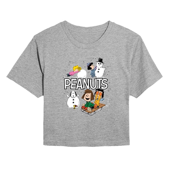 Peanuts - Winter Stickers - Juniors Cropped Short Sleeve Graphic T-Shirt