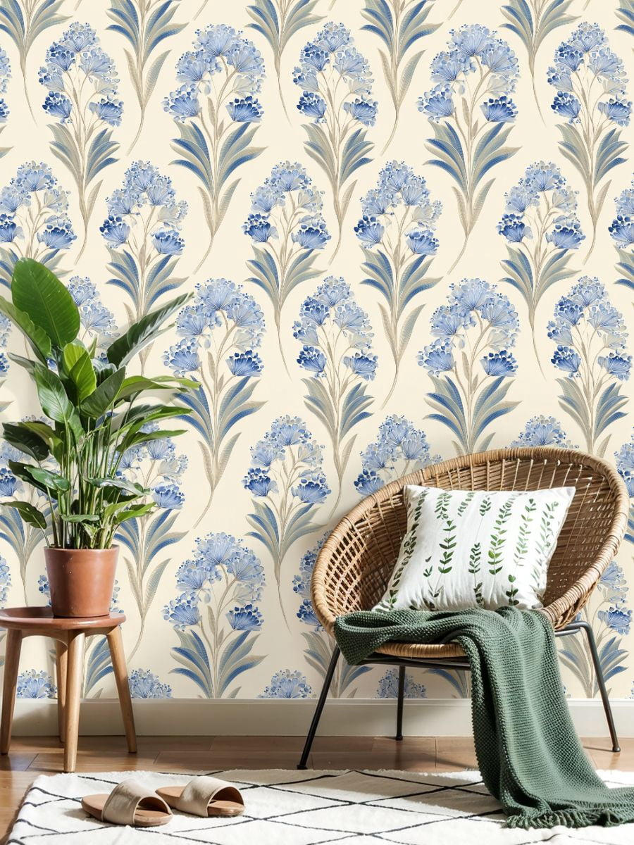 Peel and Stick Wallpaper Elegant Blue Floral Cream Wall Mural 17.7in x 9.8ft Self Adhesive Removable Wall Paper Renter Friendly Wallpaper for Bedroom Nursery Living Room