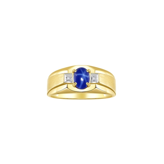 RYLOS Men's Rings Yellow Gold Plated Silver Classic 7X5MM Oval Gemstone & Diamond Ring Blue Star Sapphire Birthstone Rings For Men, Silver Rings, Size 8