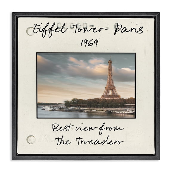 Stupell Industries Vintage Travel Eiffel Tower Architecture Painting Black Floater Framed Canvas Art Print Wall Art, 18 x 18