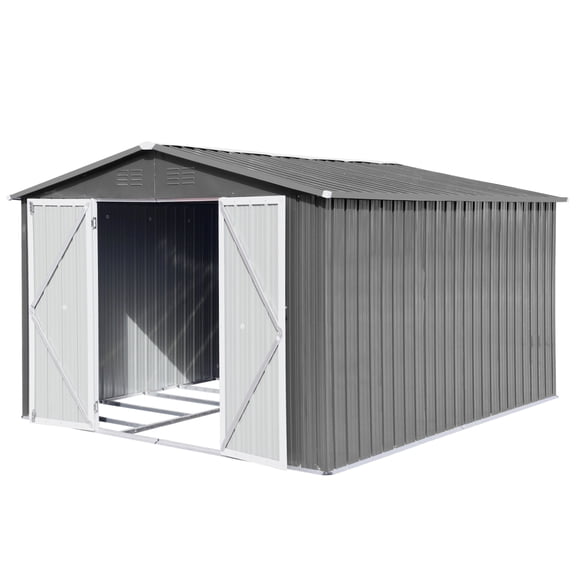 10×12 Ft Metal Outdoor Storage Shed, Heavy-Duty Weatherproof Utility Shed with Double Doors, Grey