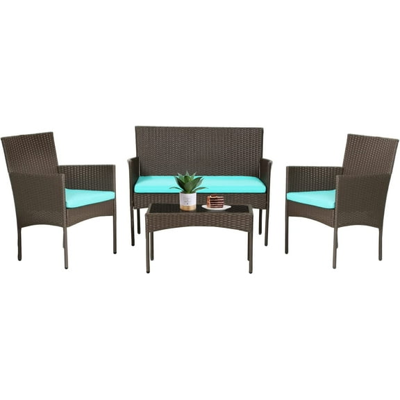 4 Pieces Patio Furniture Set Wicker Patio Conversation Set with Rattan Chair Loveseats Coffee Table for Outdoor Indoor Garden Backyard Porch Poolside Balcony,Brown Wicker/Blue Cushions