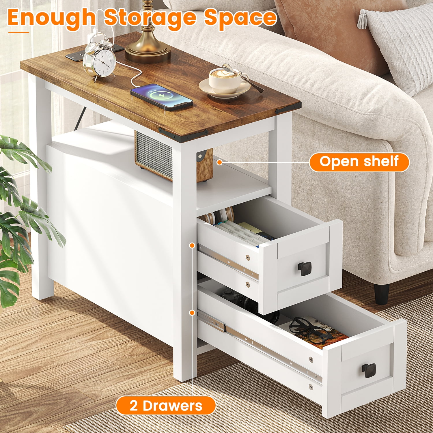Frmobepts End Table with Charging Station, Farmhouse Rustic Wood Side Table for Living Room, Bedroom, White