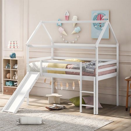 CHURANTY Twin Size Loft Bed with Slide  Wood House Loft Bed Frame   Twin Size Playhouse Loft Bed for Kids Boys Girls  White
