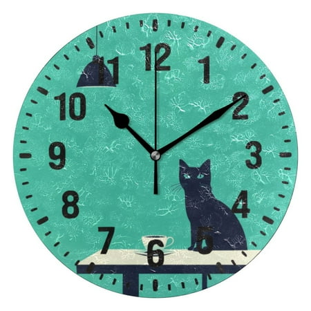 Yayeee 10 Wall Clock Battery Operated Quartz Round Silent Non-Ticking Home Decor,Green Cat