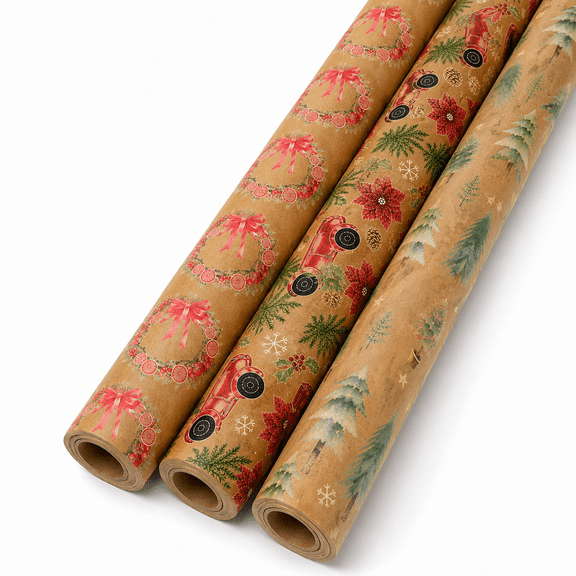 Caneden 3‑Pack Kraft Wrapping Paper Rolls, Watercolor Christmas Tree, Fruit Wreath & Vintage Red Truck Prints, 42 sq ft Total, Christmas Holiday Gift Wrap