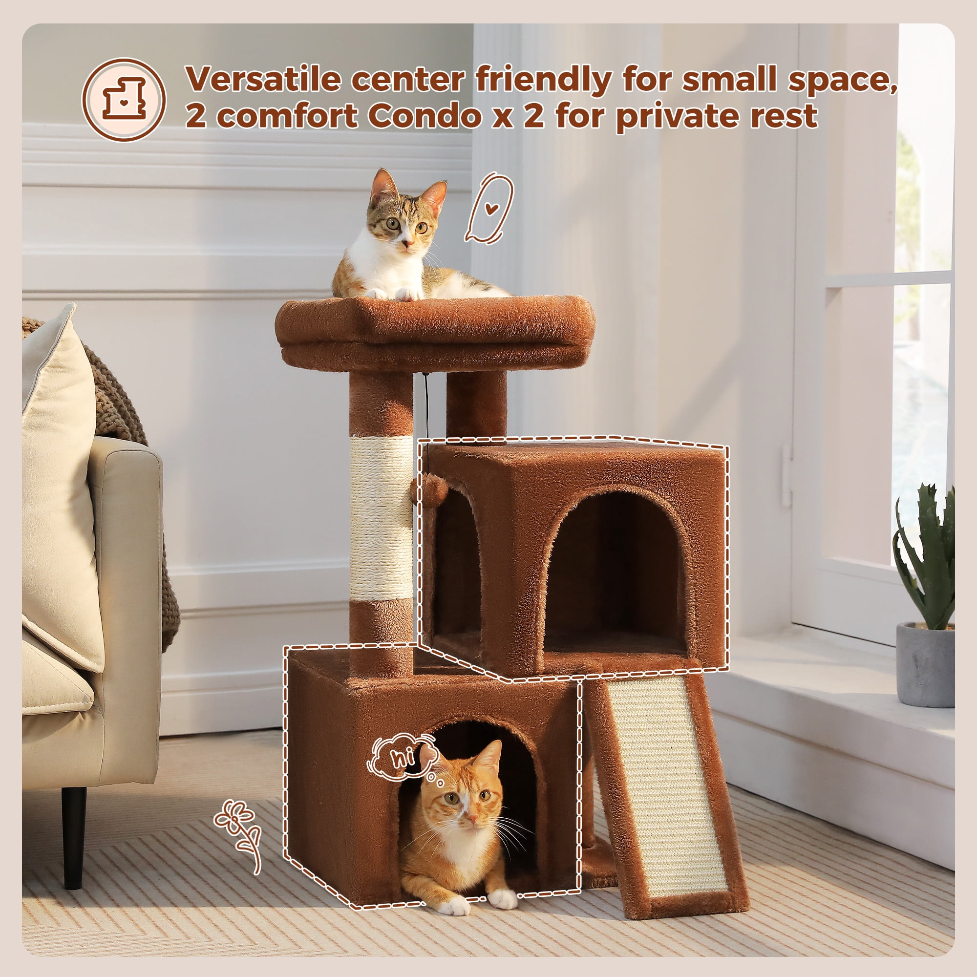 PAWZ Road 30" Cat Tree Condo with Sisal Scratcing Post Tower Ramp for Indoor Cats,Brown