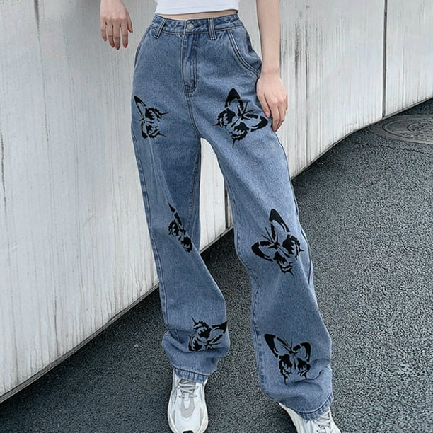 Plus Size Butterfly Letter Print Ripped Baggy Jeans, Women's Plus High  Waist Straight Leg Jeans