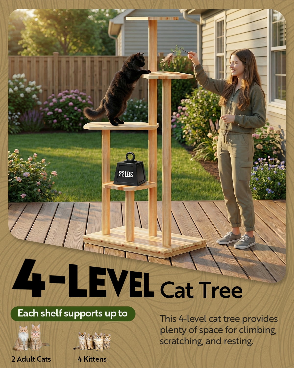 LAZZO 4-Tier Wooden Cat Tree, Multi-Level Cat Tower for Climbing, Resting & Scratching, Natural Wood