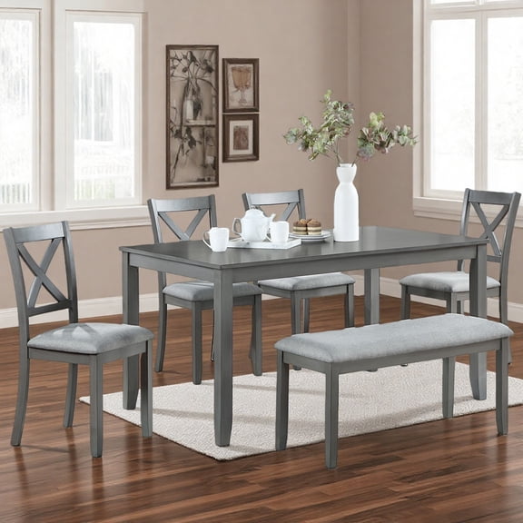 6-Piece Walnut Wooden Dining Set - Rectangular Table with 4 Cross-Back Chairs & Bench, Seats 6 for Kitchen/Dining Room