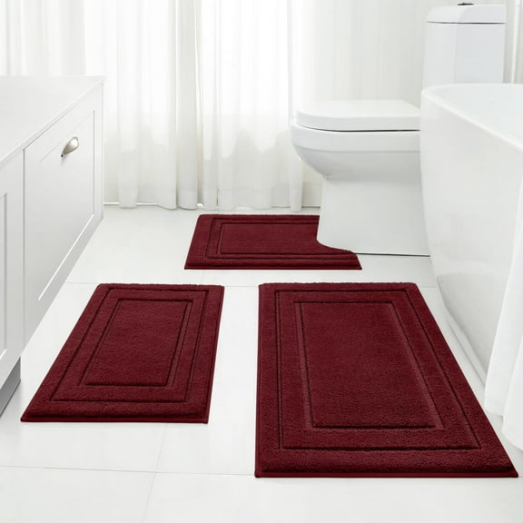 Bathroom Rugs Sets 3 Piece, Super Soft and Absorbent Non Slip Microfiber Toilet Bath Mat with U-Shaped (Burgundy Red)