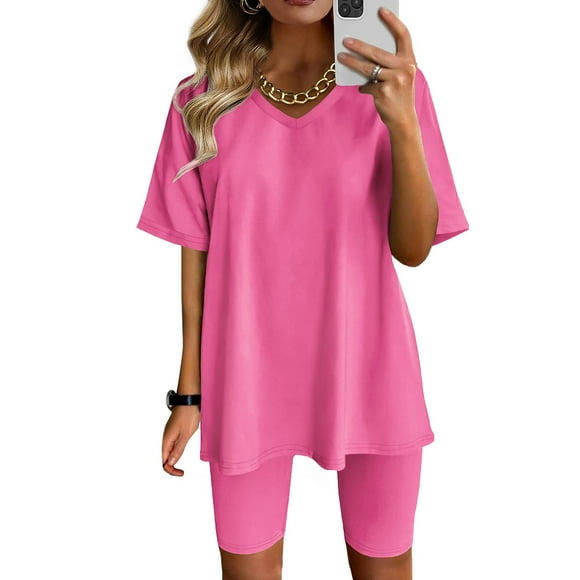 Hot6sl Summer Savings Clearance Short Sleeve V-Neck Blouses & Shirts Sets,Women Fashion V-Neck Blouse Short Sleeve Tops Shorts Casual Suit Sets,Women polyester tops and pants|Hot Pink,L