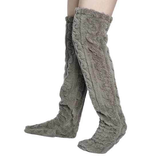 RUISINERY Womens Winter Thick Fleece Fuzzy Thigh High Slipper Socks Solid Color Furry Cable Pattern Over Knee Stockings Leg Warmer