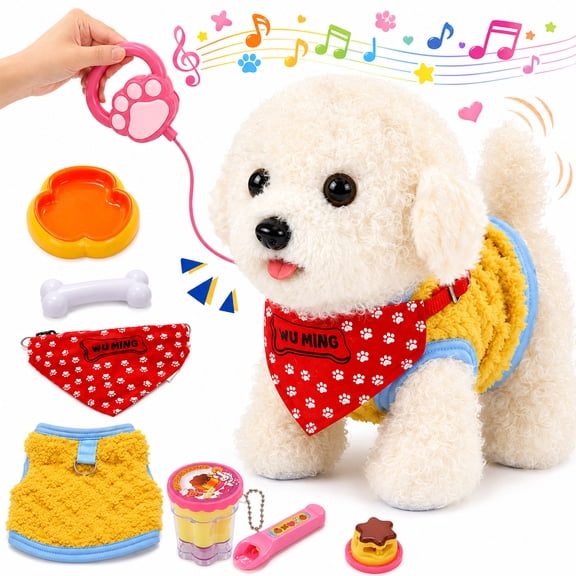 WonderStone Interactive Robot Dog with Leash ，Plush Puppy Toy with Recording & Singing, Walks, Barks, Wags Its Tail, Licks Tongue, Dress-Up Pet, Realistic Gift for Kids 3 ，Bichon