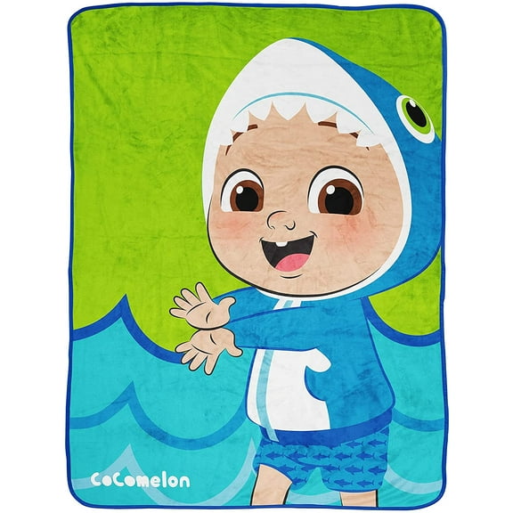 CoComelon JJ Shark Kids 46"x60" Plush Throw, 100% Microfiber, Green