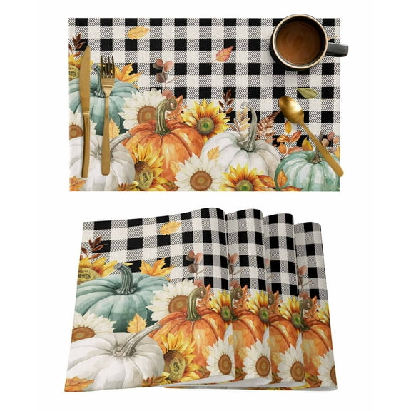 Placemats Set of 4 Pumpkin Sunflower Thanksgiving Fall Leaves Black Plaid Heat Insulation Washable Place Mats, Rustic Non-Slip Table Mats for Dining Table Party Kitchen Decor,13x19 Inch