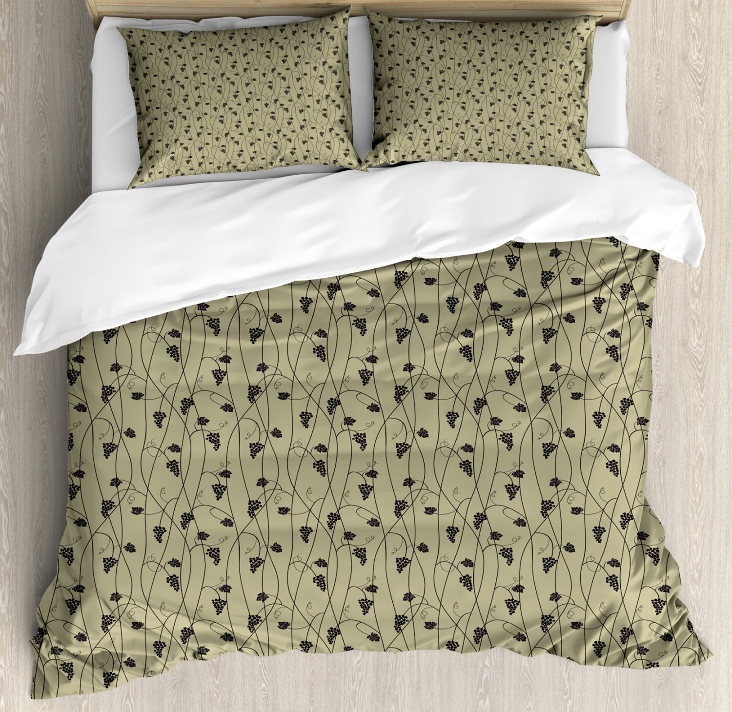 Vine Duvet Cover Set King Size, Rustic Vineyard Illustration with