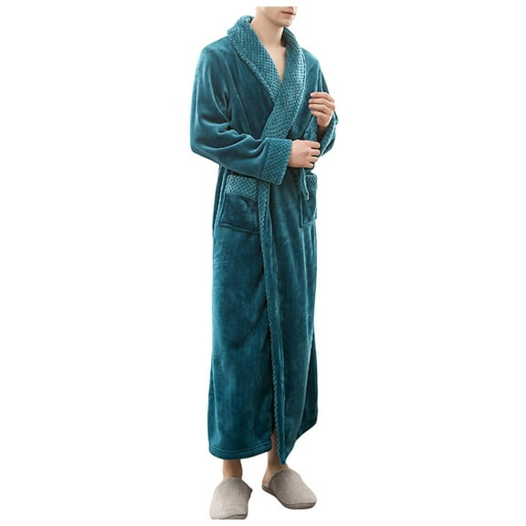 VNKIDY Men's Pajama Winter Plush Solid Color Thicken Nightrobe With Fuzzy Hem Long Sleeve Full Length Robe With Belt Design For Home Wear Casual Homewear