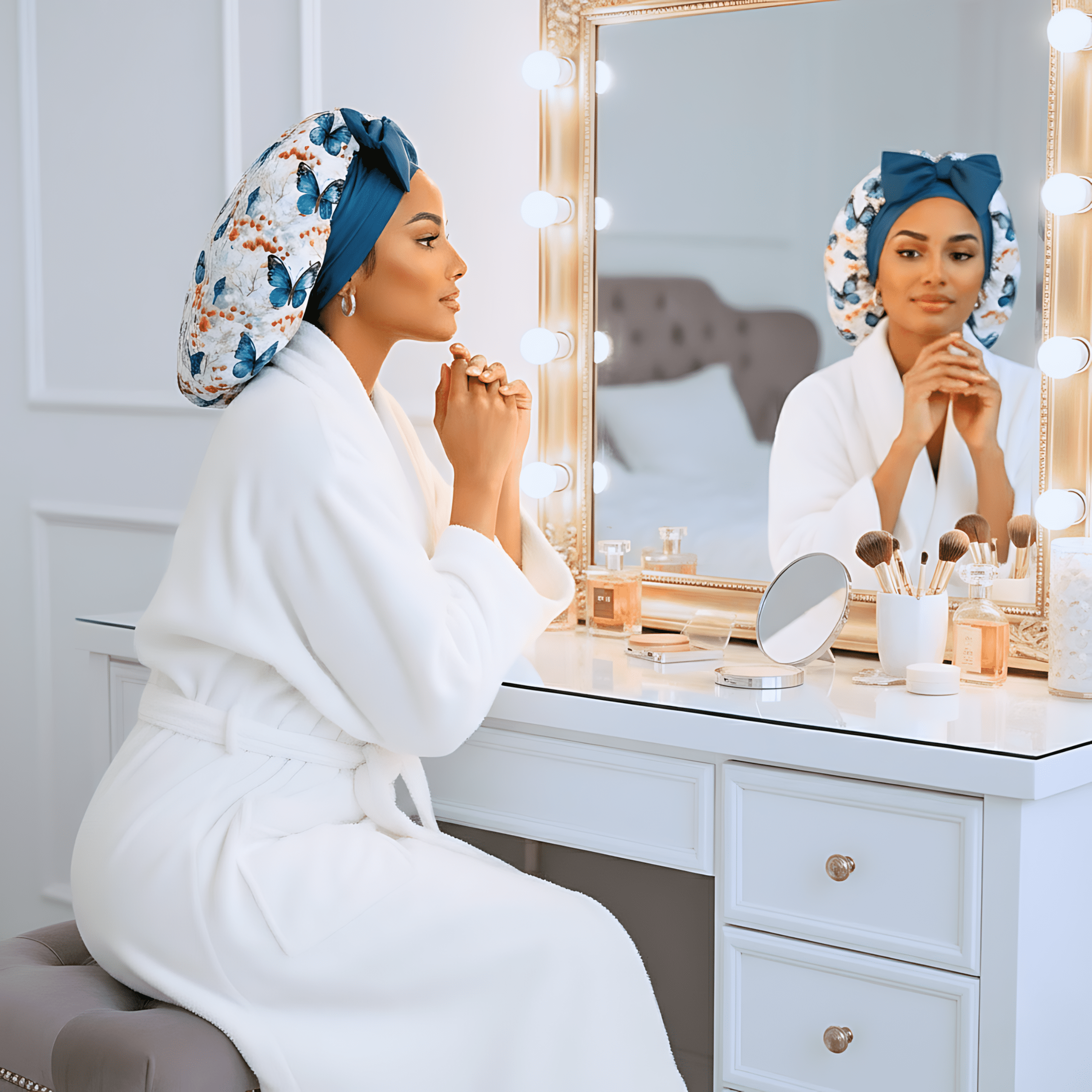 Prince Hair Company Premium Handmade Silk Satin Sleep Bonnet, Butterfly Bloom, L/XL, Gift Set