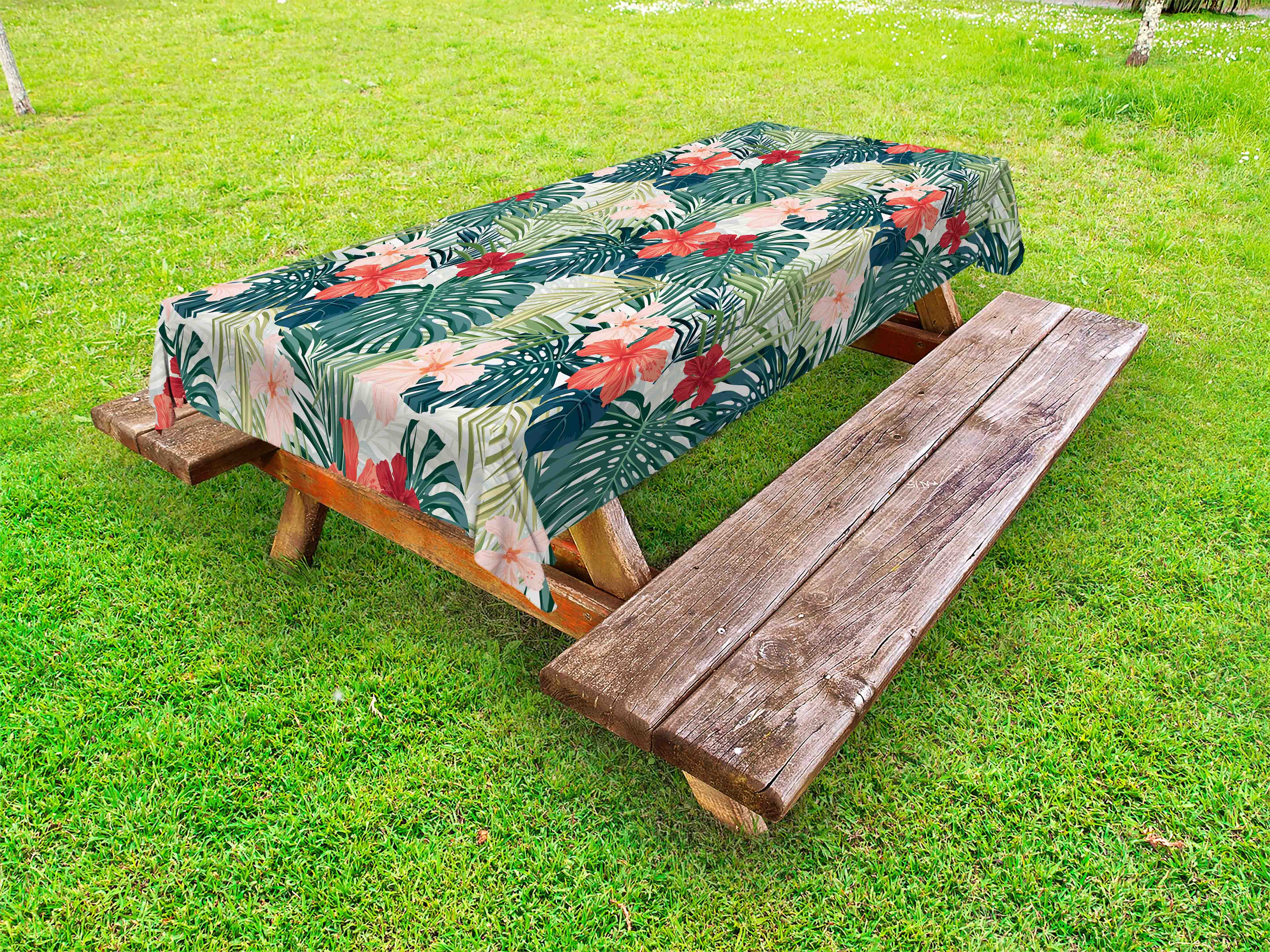 Leaf Outdoor Tablecloth, Summer Beach Holiday Themed Hibiscus Plumeria Crepe Ginger Flowers