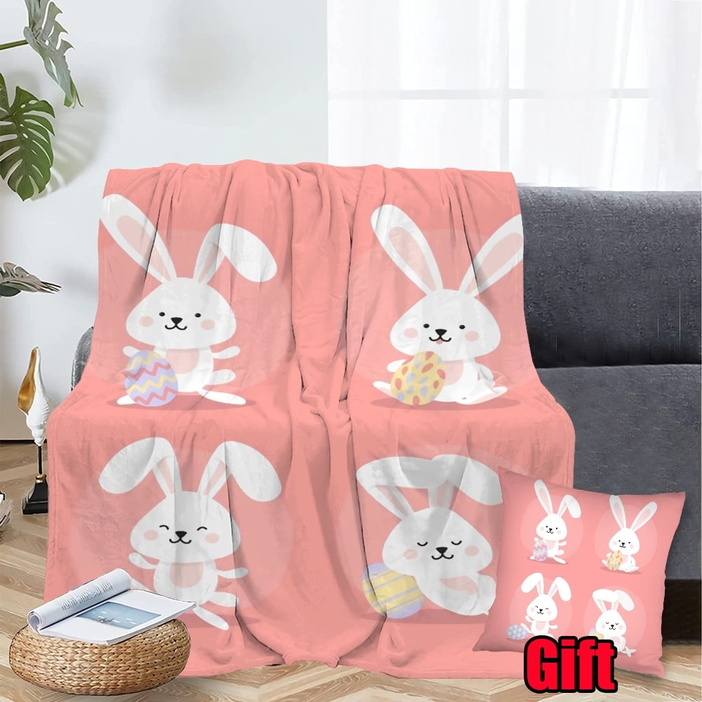 Dicasser Easter Spring Bunny Throw Blanket With Pillowcase Warm Fuzzy Plush Blankets For Kids Adults