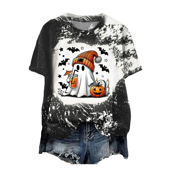Hessimy Halloween Shirts for women's Boo T Shirt Cute Ghost Graphic Tees Halloween Spooky Season Short Sleeve Tee Tops(Black,XL)