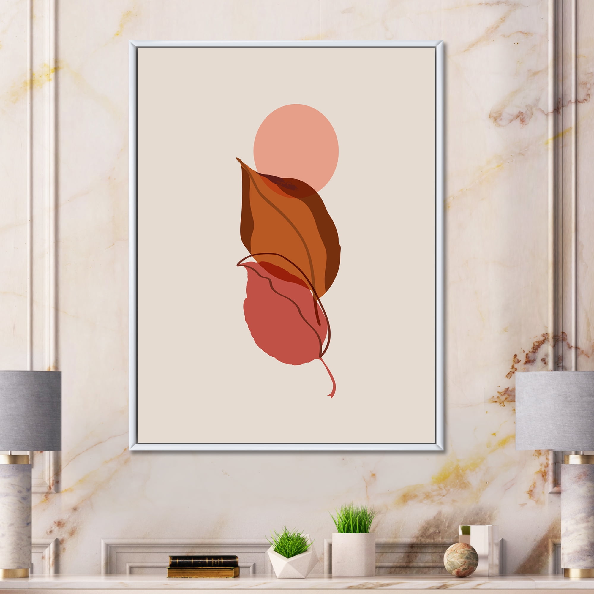 Designart 'A Red Full Moon Over Two Autumn Leaves' Modern Framed Canvas Wall Art Print