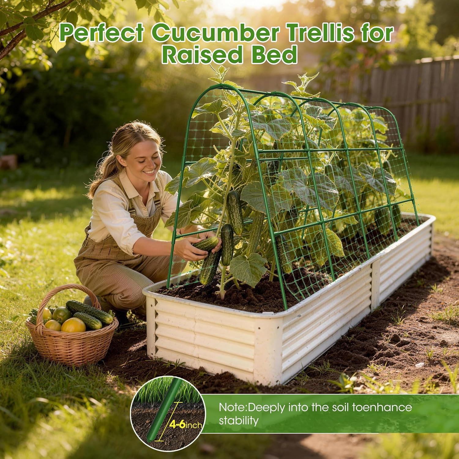 U-Shape Cucumber Trellis for Raised Bed, Metal Arch Garden Plant Support Structure with Rustproof Coating, Green, 63" Lx21.6 Wx47.2 H-Large