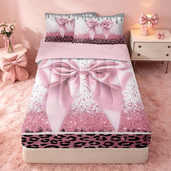 Homewish Pink Bowknot Zipper Twin Comforter Sets with Fitted Sheet and 2 Pillowcases for Princess Girls, Glitter Cheetah Print Zipper Bedding Set