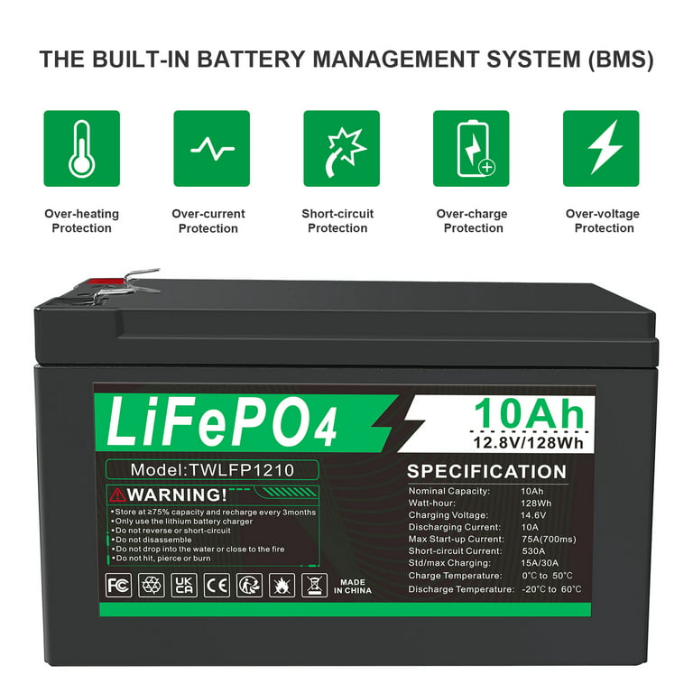 Huajiang Tech 12.8V 10Ah Lithium Iron Phosphate LiFePO4 Battery Deep Cycle Battery with Built-In 10A Bms&2000+ Long Cycle Life Perfect for Kid Scooters Power Tools