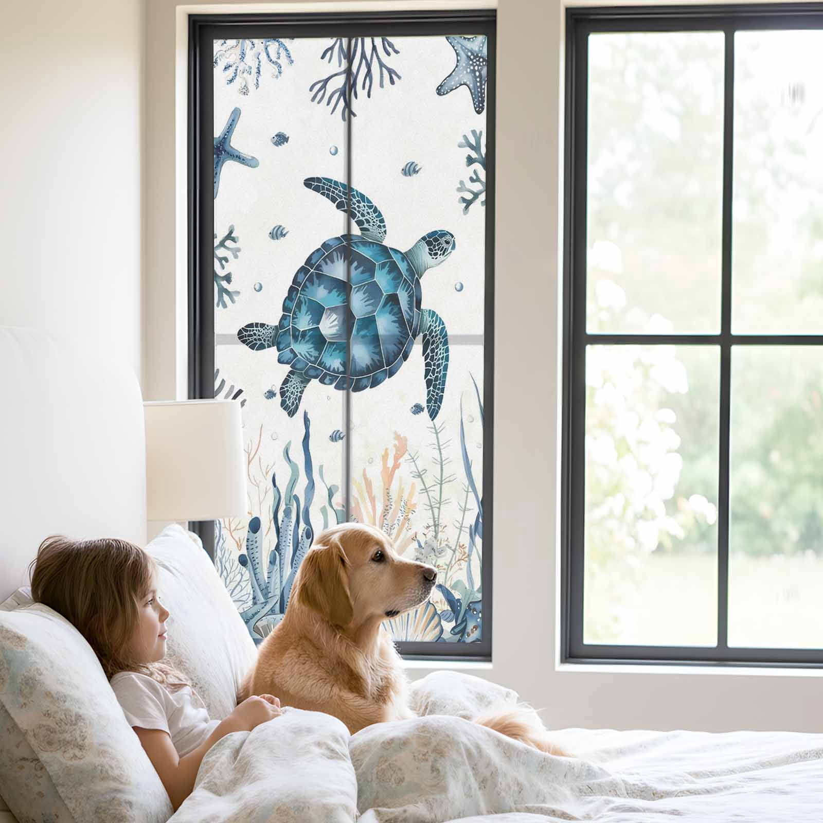 Sea Turtle Window Privacy Film, Ocean Coral Starfish Seagrass Frosted Glass Window Clings Static Cling UV Heat Blocking Reusable Door Sticker for Bathroom 23.6 x 59 Inch