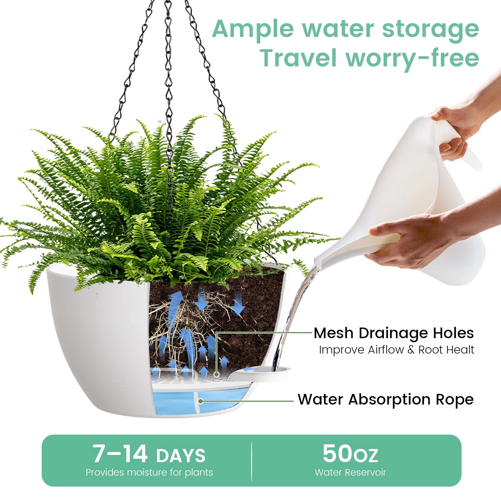 13 Inch 2 Pack Large Self Watering Hanging Planters for Indoor Outdoor Plants, Hanging Plant Pots with Removable 50 Oz Reservoir, Plastic Hanging Basket for Window Porch Garden,