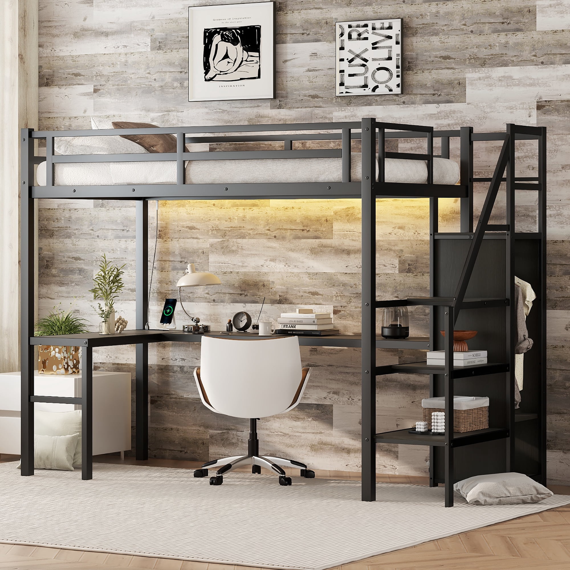 Mintazer Twin XL Power Outlet Metal Loft Bed with L-Shaped Desk & Wardrobe, Heavy Duty Loft Bed Frame with Adjustable Shelf and LED Light for Kids Teens, Black