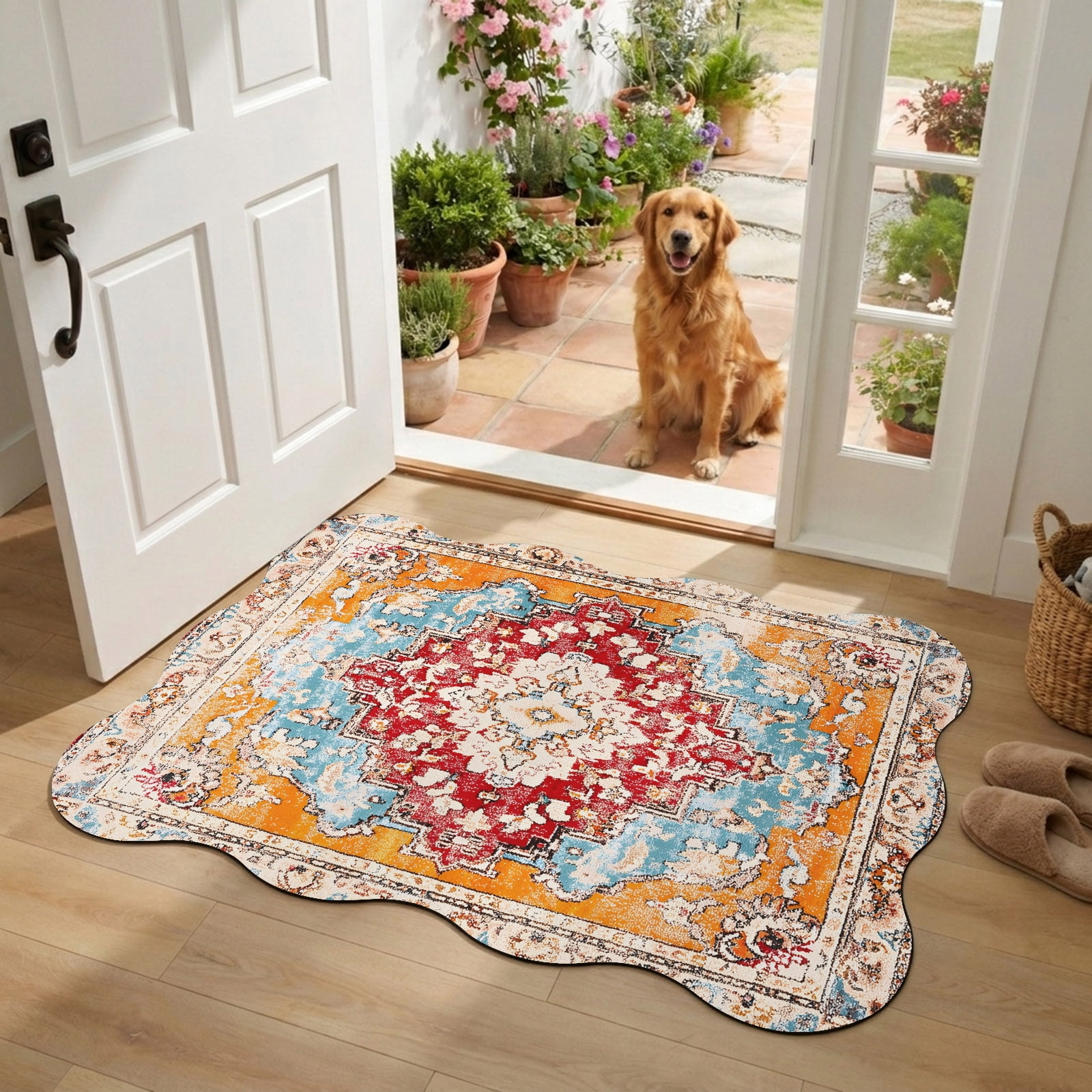 Front Door Mat Outside Entrance 18 x30 Vintage Ethnic Absorbent & Non-Slip Scalloped Doormat Indoor Entrance Low-Profile Welcome Mat for Entryway Patio Boho Tribes Modern Orange Middle Century