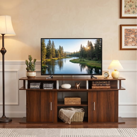Mid Century Modern TV Stand for TVs up 70", Entertainment Console Center with 2 Cabinets,Walnut