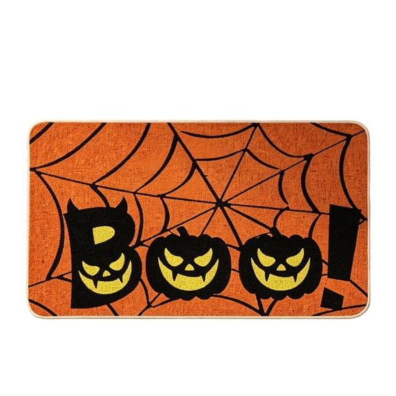 Halloween Boo Pumpkin Doormat, Spider Web and Jack-O-Lantern Print Decorative Welcome Mat, Festive Spooky Orange Entryway Porch Rug for Home 32x20in