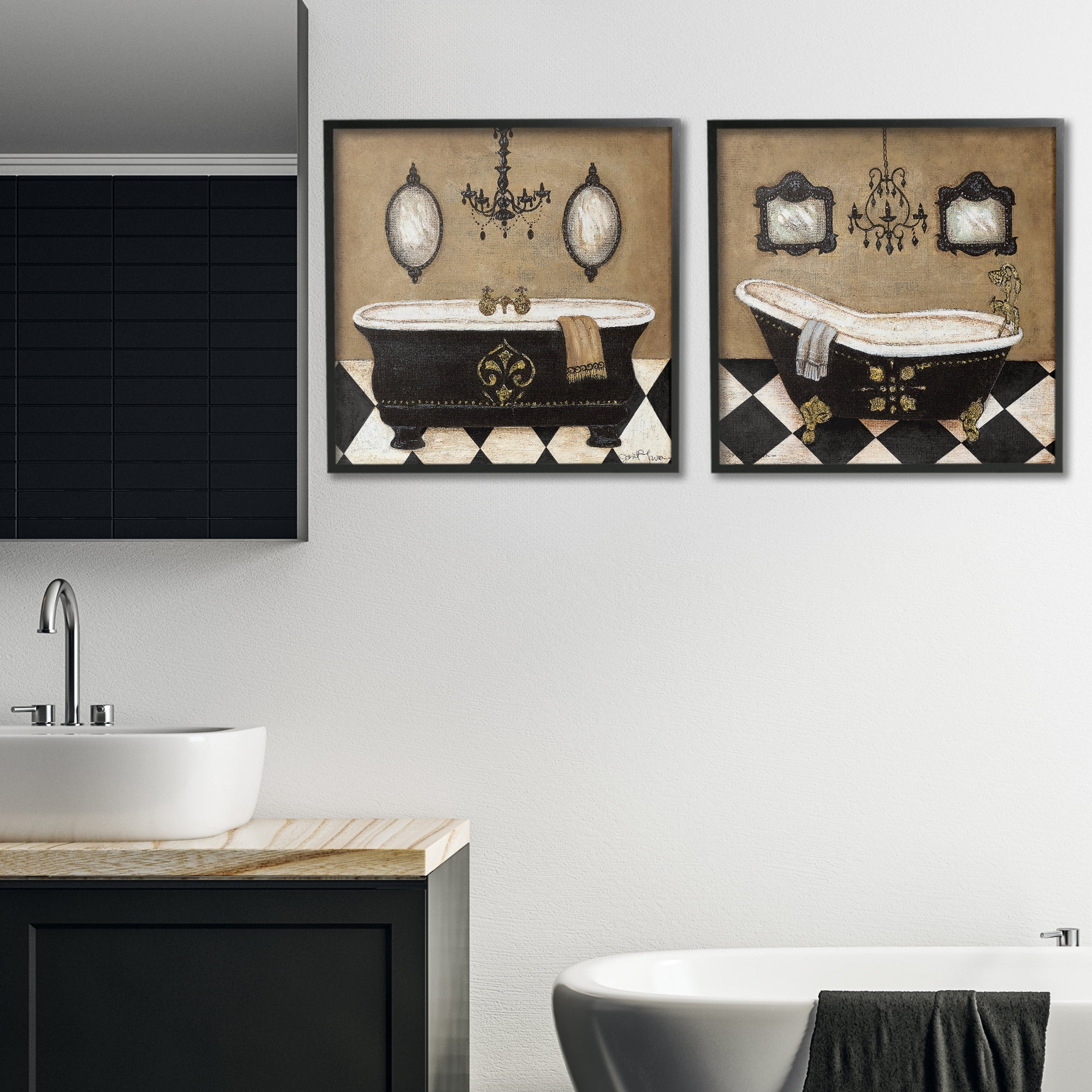 Stupell Industries Elegant Bathroom with Chandeliers 2 Piece Black Framed Giclee Art Set, design by Janet Tava