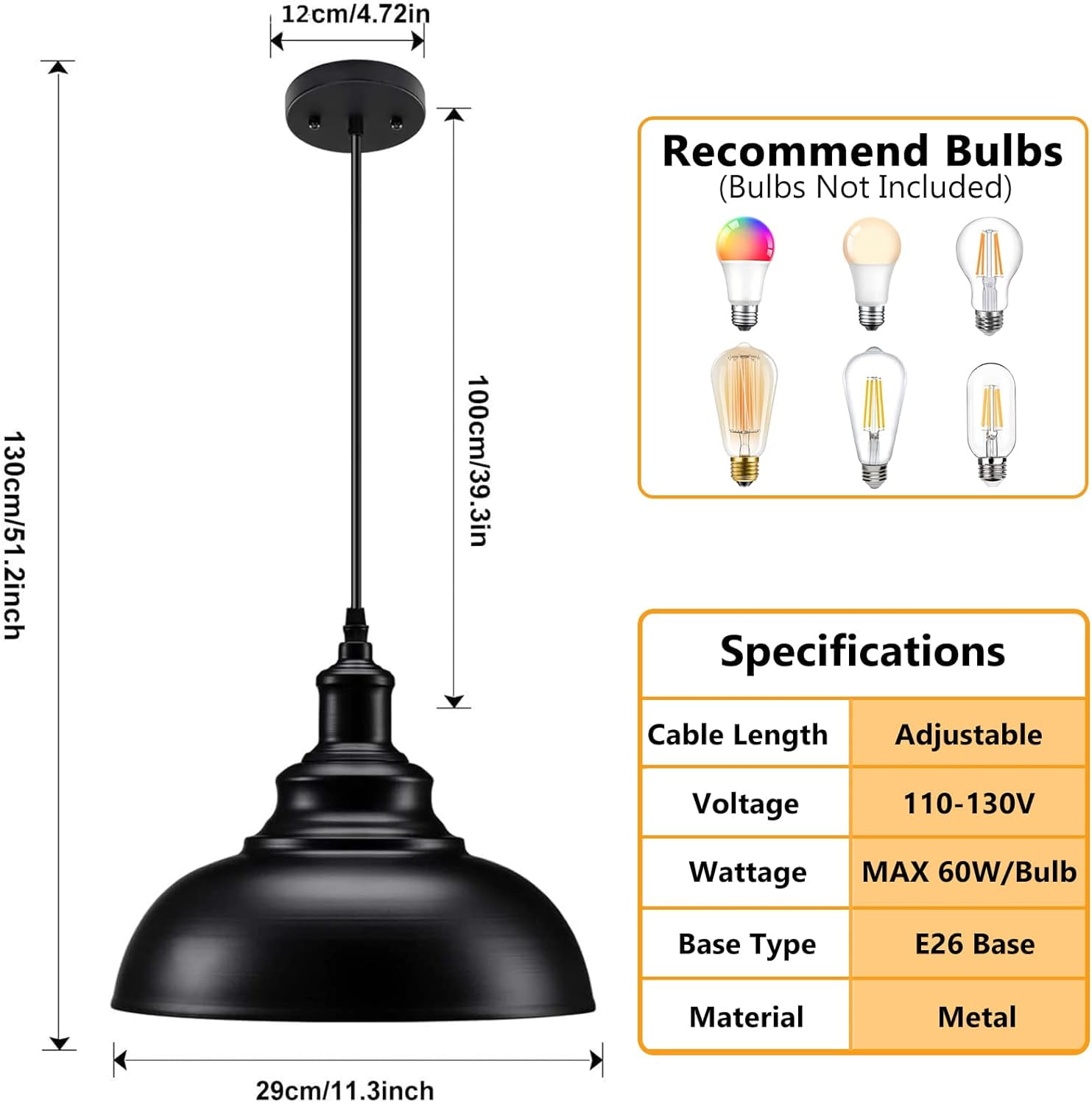 Farmhouse Pendant Light, Industrial Black Pendant Light Fixtures, Vintage Hanging Ceiling Light Fixture for Kitchen, Barn, Dining Room