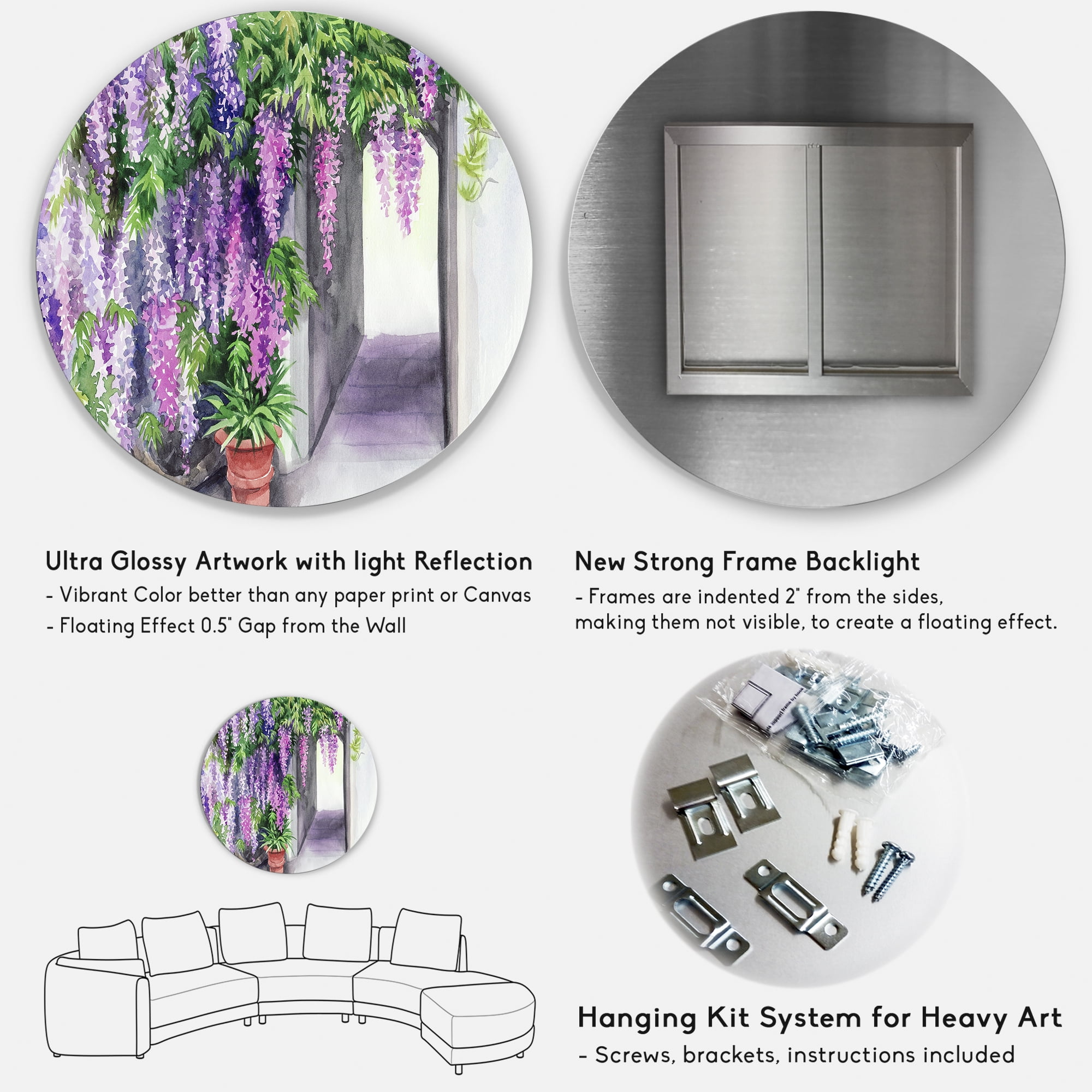 Designart 'Purple Wisteria Blossom' Traditional Circle Metal Wall Art 11x11 - Disc of 11