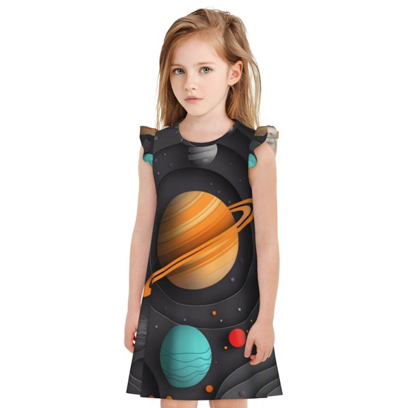 Vsdgher Solar System Paper Art for Girls Nightgowns Toddler Flutter Short Sleeves Nightdress Nightie Dress Sleepwear Pajamas for Pajama Party-Medium