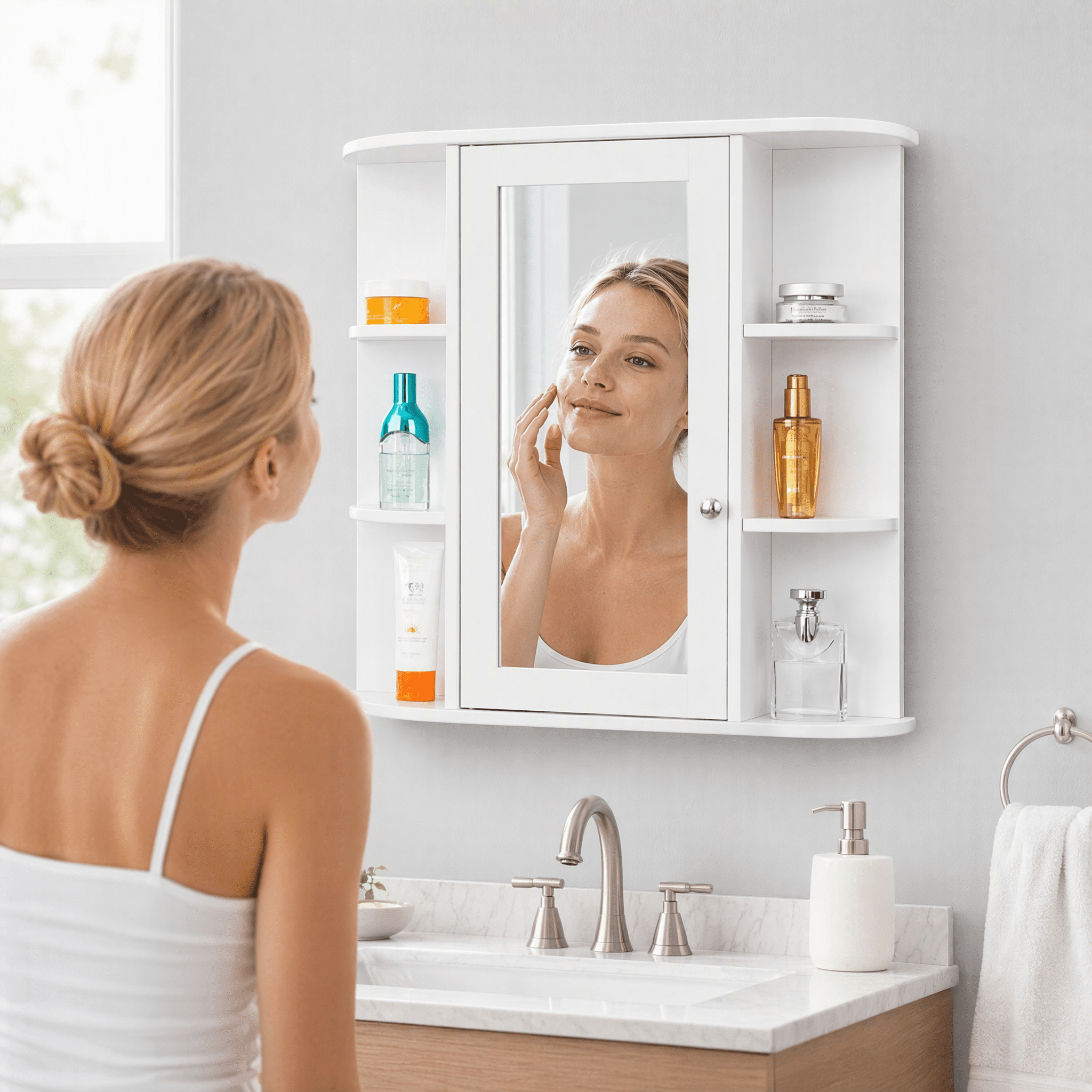 3-tier Single Door Mirror Indoor Bathroom Wall Mounted Cabinet Shelf White